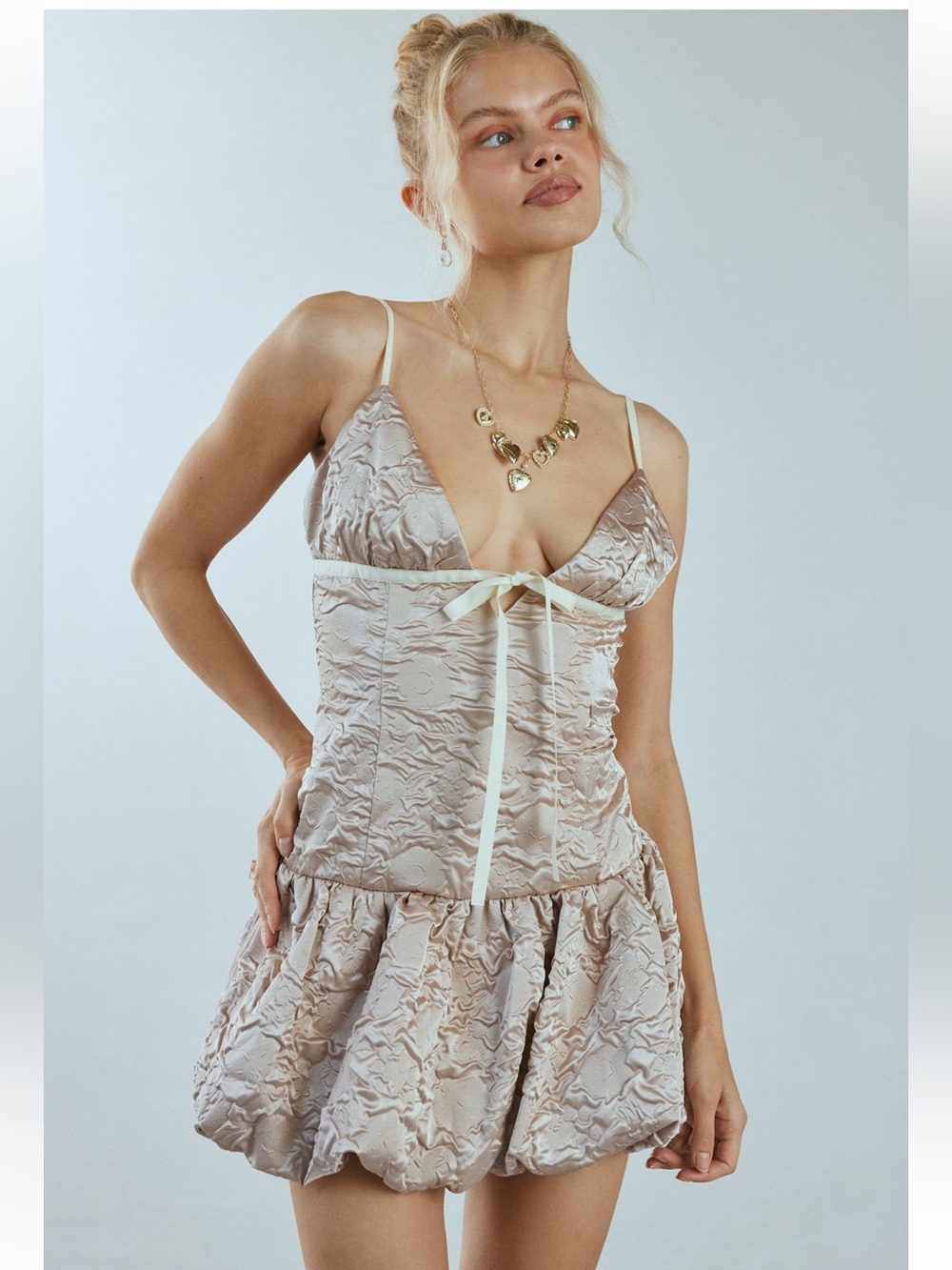 For Love & Lemons flower satin mini dress bubble bow tie bubble hem drop waist - Picture 2 of 14